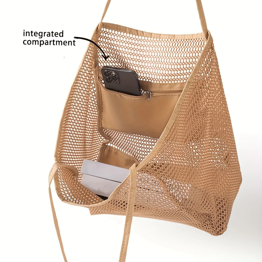 Sac cabas de plage grande capacité pour femme - Sac bandoulière en polyester tissé résistant avec ouverture sur le dessus, idéal pour les voyages et le shopping.