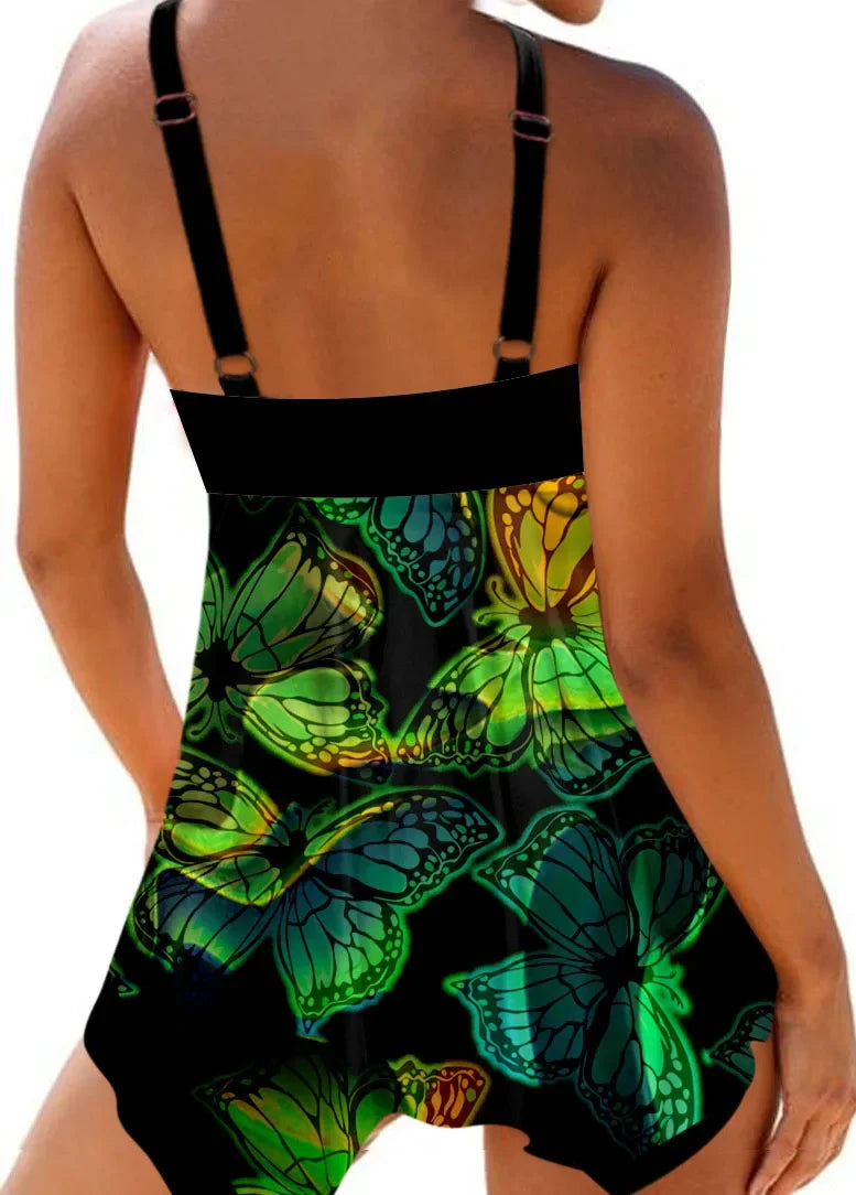 Ensemble bikini deux pièces pour femme, design été, imprimé papillons verts, maillot de bain et tenue de plage sportive, tailles S à 6XL