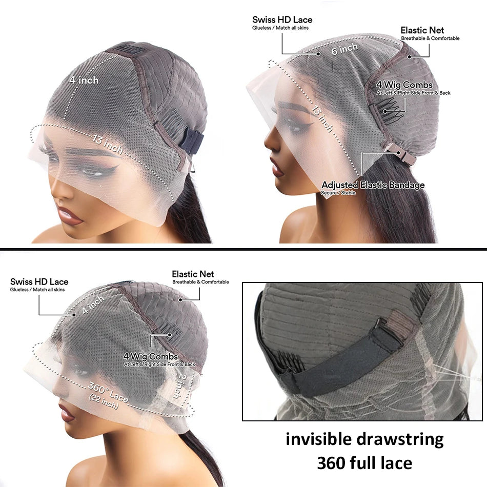 Perruque 360 HD Full Lace avec cordon de serrage invisible, bouclée, ondulation profonde, style Water Wave, 13x4 et 13x6, pour femmes, 30 et 40 pouces.