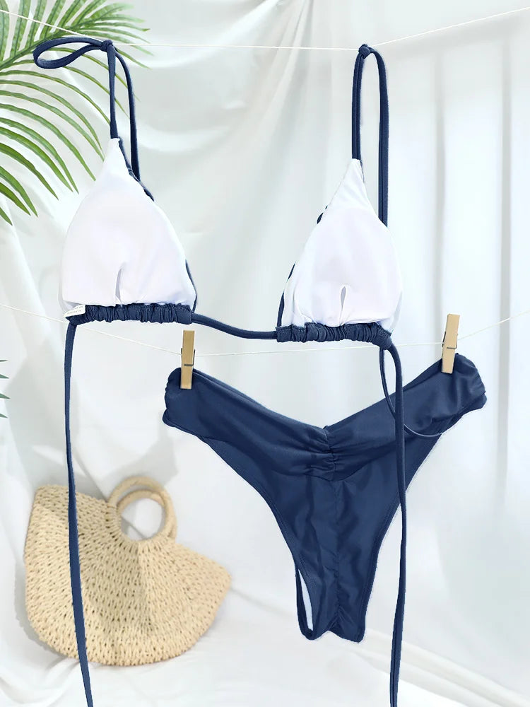 Ensemble bikini sexy à plis, micro bikini uni, maillot de bain femme triangle, tenue de plage