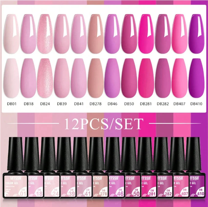 Kit de manucure semi-permanent MTSSII (12 pièces) : vernis gel semi-permanent à tremper, rose nude, rouge pailleté, UV, à paillettes. Fournitures pour ongles à faire soi-même.