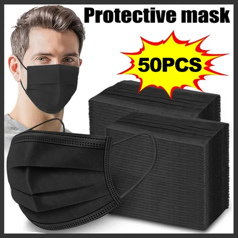 Masques 3 couches Masques faciaux en tissu soufflé fondu Masques de protection jetables anti-poussière Masques buccaux à élastiques Masques noirs