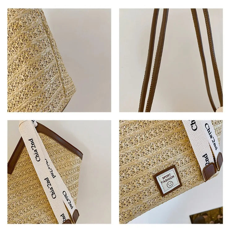 Sac bandoulière grande capacité pour femme, sac à main d'été en paille tressée, sac de plage de luxe, cabas style balinais