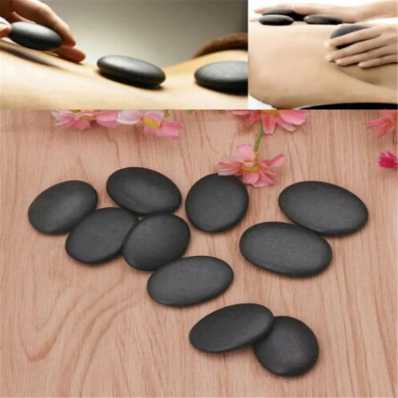 Ensemble de 10 pierres de massage chaudes en basalte de lave, rondes, pour soulager le stress et les douleurs dorsales.