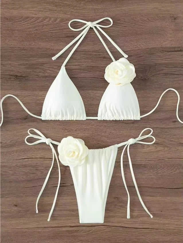 Maillot de bain deux pièces bikini sexy à fleurs 3D, bretelles et dos nu, tailles S à L.