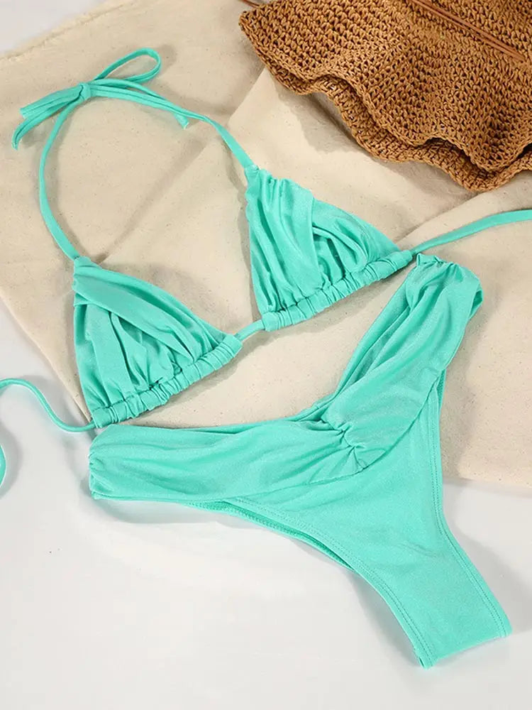 Ensemble bikini sexy à plis, micro bikini uni, maillot de bain femme triangle, tenue de plage