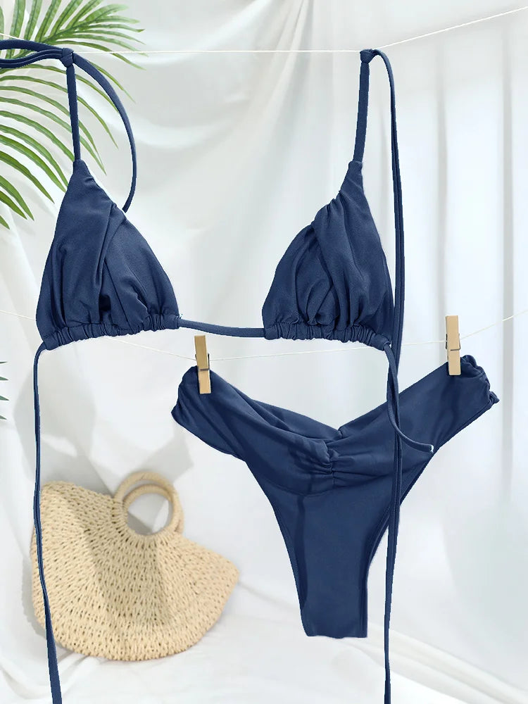 Ensemble bikini sexy à plis, micro bikini uni, maillot de bain femme triangle, tenue de plage