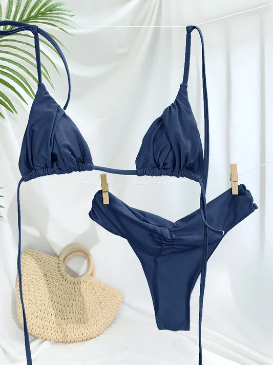 Ensemble bikini sexy à plis, micro bikini uni, maillot de bain femme triangle, tenue de plage