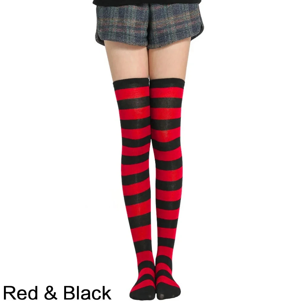 Chaussettes hautes à rayures imprimées pour femme, montantes jusqu'aux cuisses, en coton à motifs rayés