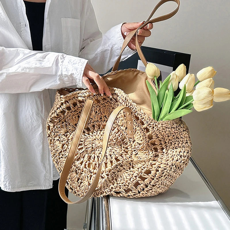 Sac cabas rond d'été en paille tressée pour femme, grande capacité, ajouré, style simple.