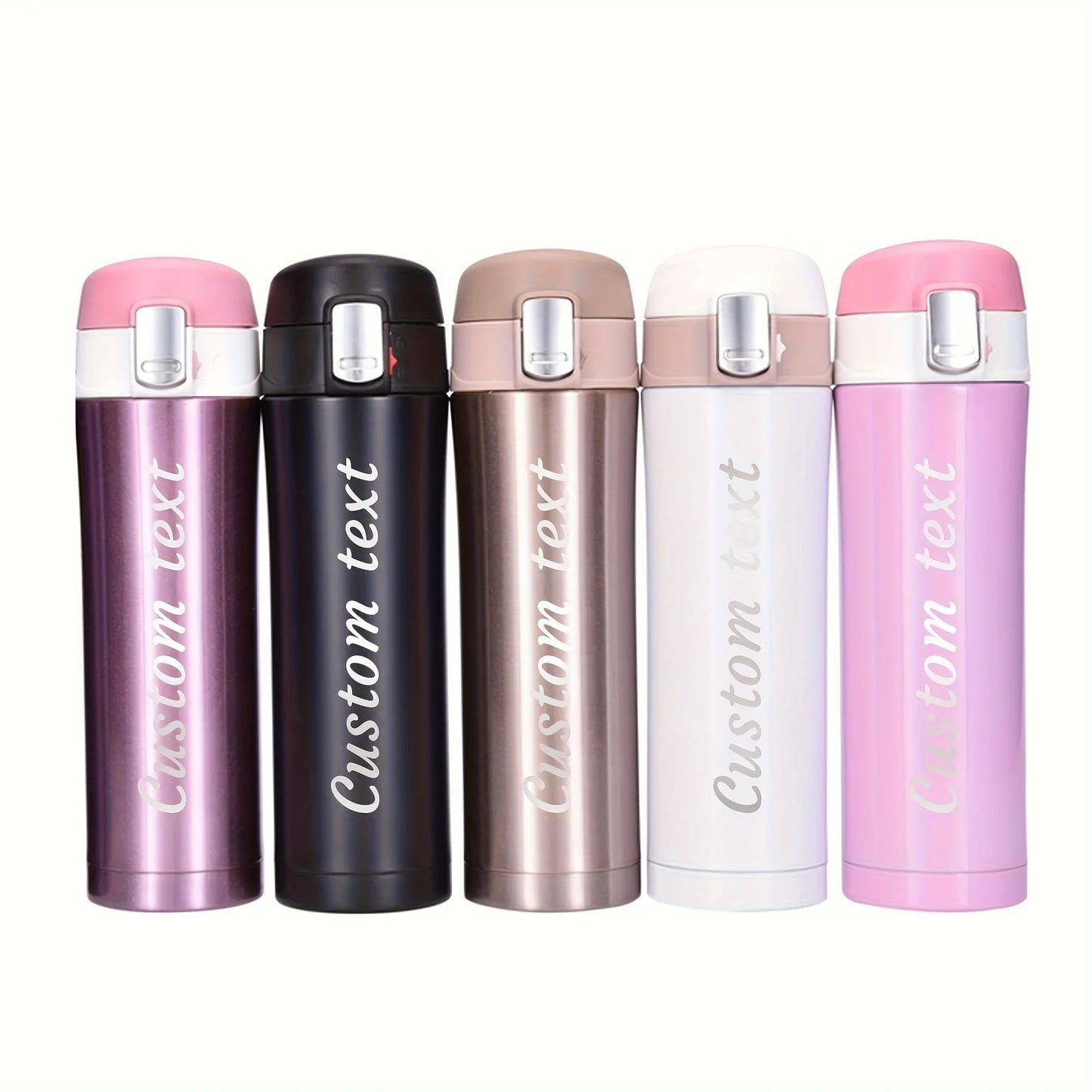 Bouteille isotherme minimaliste personnalisée avec nom gravé au laser - 500 ml, bouchon à verrouillage et couvercle à clapet, en acier inoxydable.