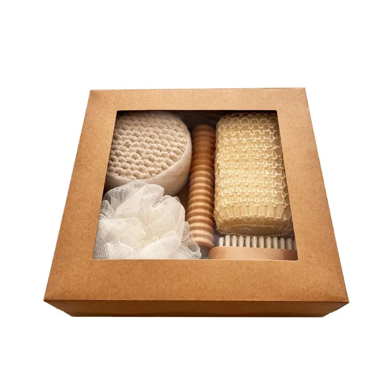 Coffret de bain : Serviette exfoliante, brosse de bain, râpe à pieds, coffret cadeau
