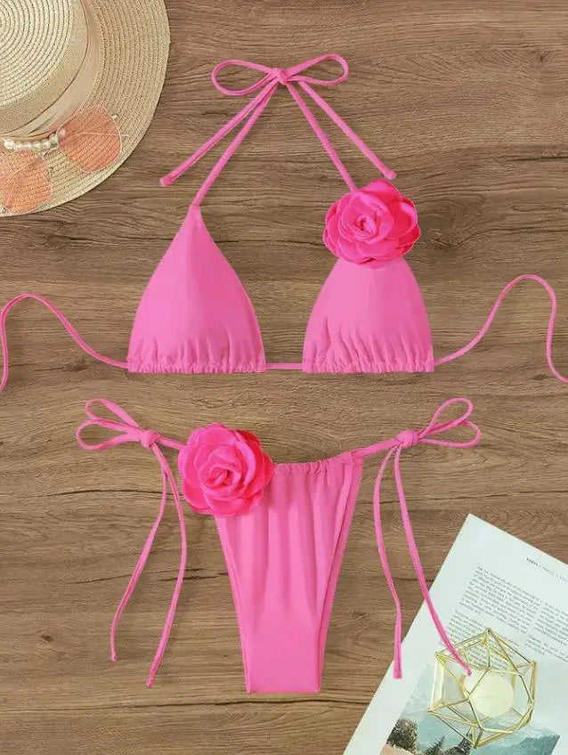 Maillot de bain deux pièces bikini sexy à fleurs 3D, bretelles et dos nu, tailles S à L.