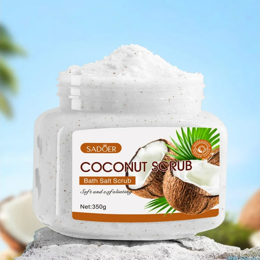 Gommage à la noix de coco de 350 g, riche en poudre de coque de noix, glycérine, extrait de noix de coco et autres ingrédients de soin, avec un parfum frais et intense de noix de coco.