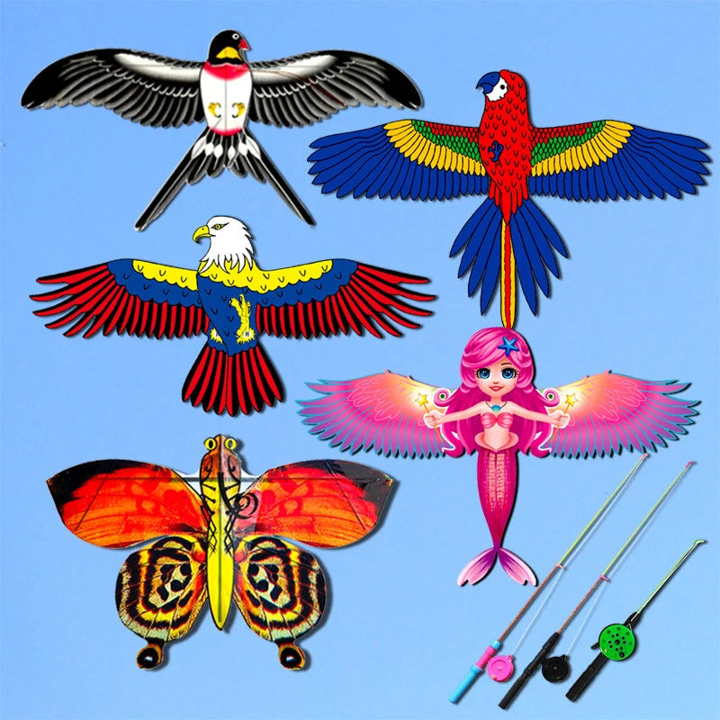Cerf-volant miniature en plastique pour enfants, avec frein à main et canne à pêche de 40 cm, jouet d'extérieur idéal pour les enfants. Cadeau parfait pour les enfants.