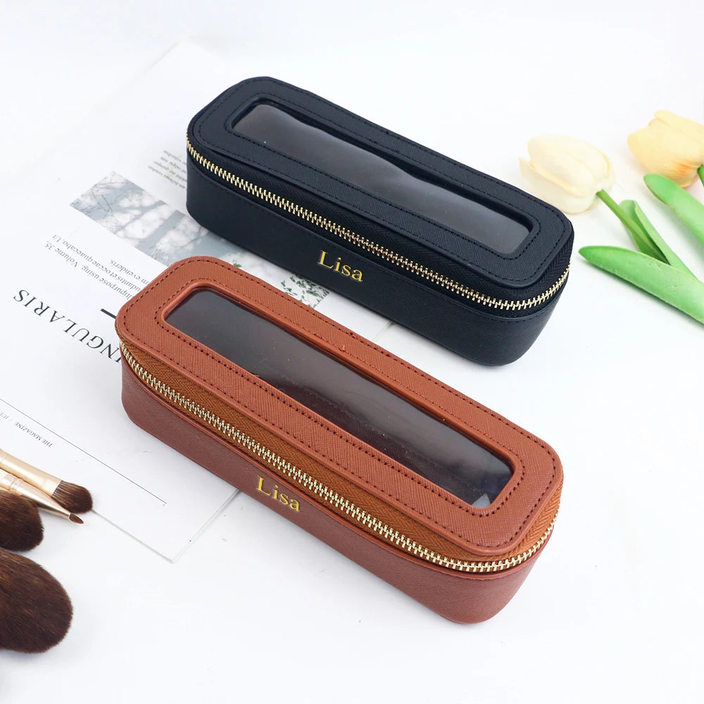 Boîte à pinceaux de maquillage transparente en cuir PU personnalisée avec nom