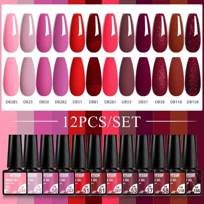 Kit de manucure semi-permanent MTSSII (12 pièces) : vernis gel semi-permanent à tremper, rose nude, rouge pailleté, UV, à paillettes. Fournitures pour ongles à faire soi-même.
