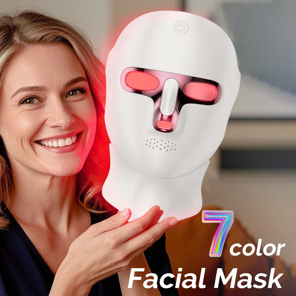 Masque facial LED 7 couleurs pour le visage et le cou : soin photo-régénérant, éclaircissant et raffermissant. Rechargeable. Soin beauté du visage et du cou.