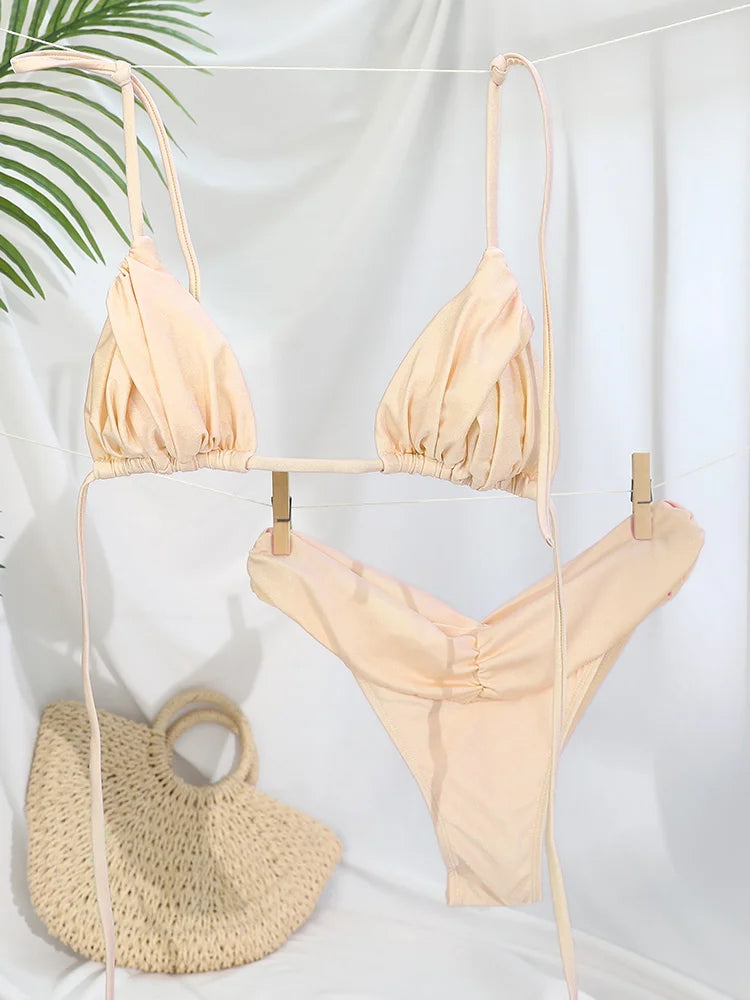 Ensemble bikini sexy à plis, micro bikini uni, maillot de bain femme triangle, tenue de plage