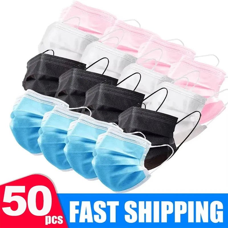 Lot de 50 masques de protection jetables à 3 couches en tissu non tissé, bleus, pour adultes.