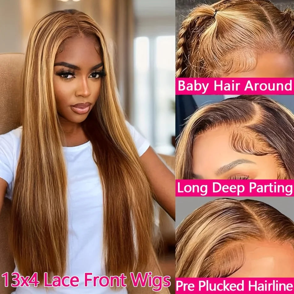 Perruque en cheveux humains lisses avec mèches ombrées, perruque frontale en dentelle HD 13x6, 100 % cheveux humains, densité 200, perruque brésilienne pré-épilée 13x4