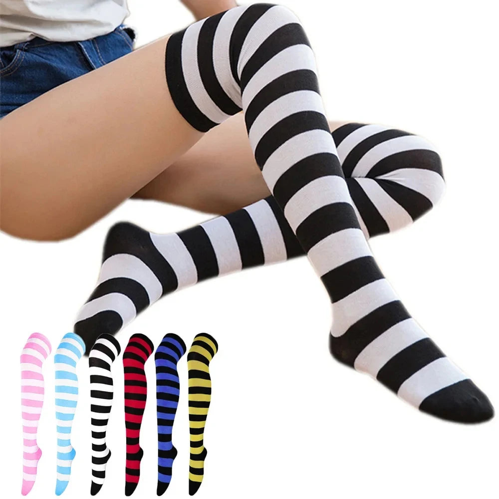 Chaussettes hautes à rayures imprimées pour femme, montantes jusqu'aux cuisses, en coton à motifs rayés