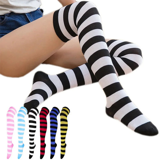 Chaussettes hautes à rayures imprimées pour femme, montantes jusqu'aux cuisses, en coton à motifs rayés