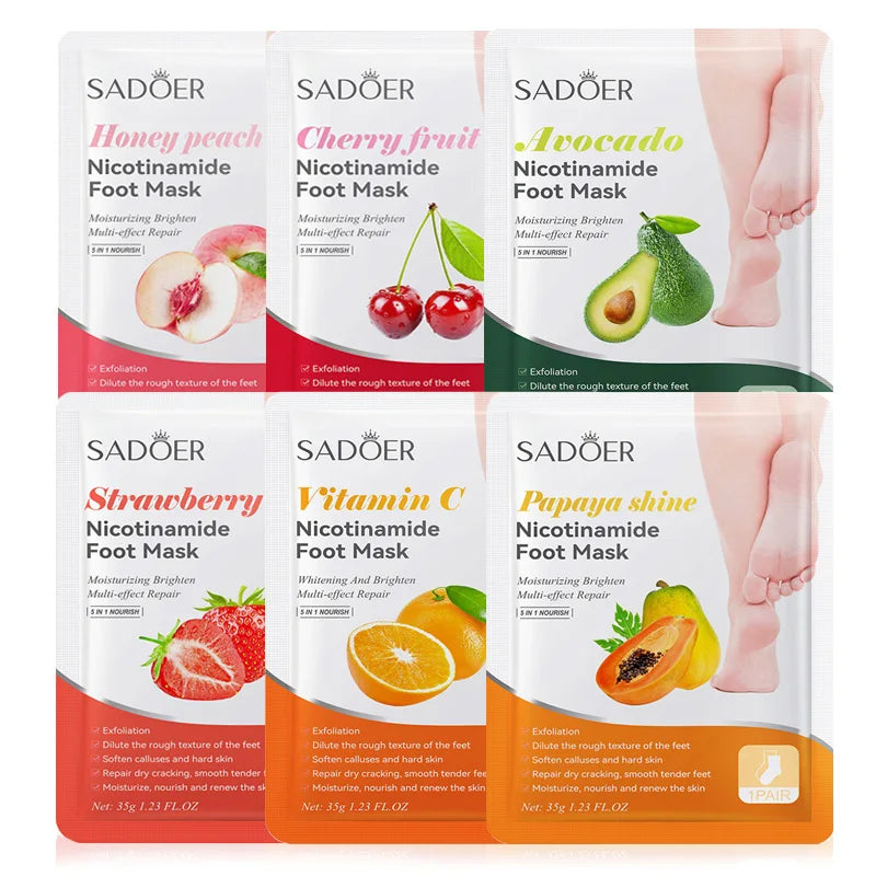 6 paires de masques pour les pieds SADOER Fruits, masque exfoliant hydratant pour les pieds, soin spa des pieds et pédicure.