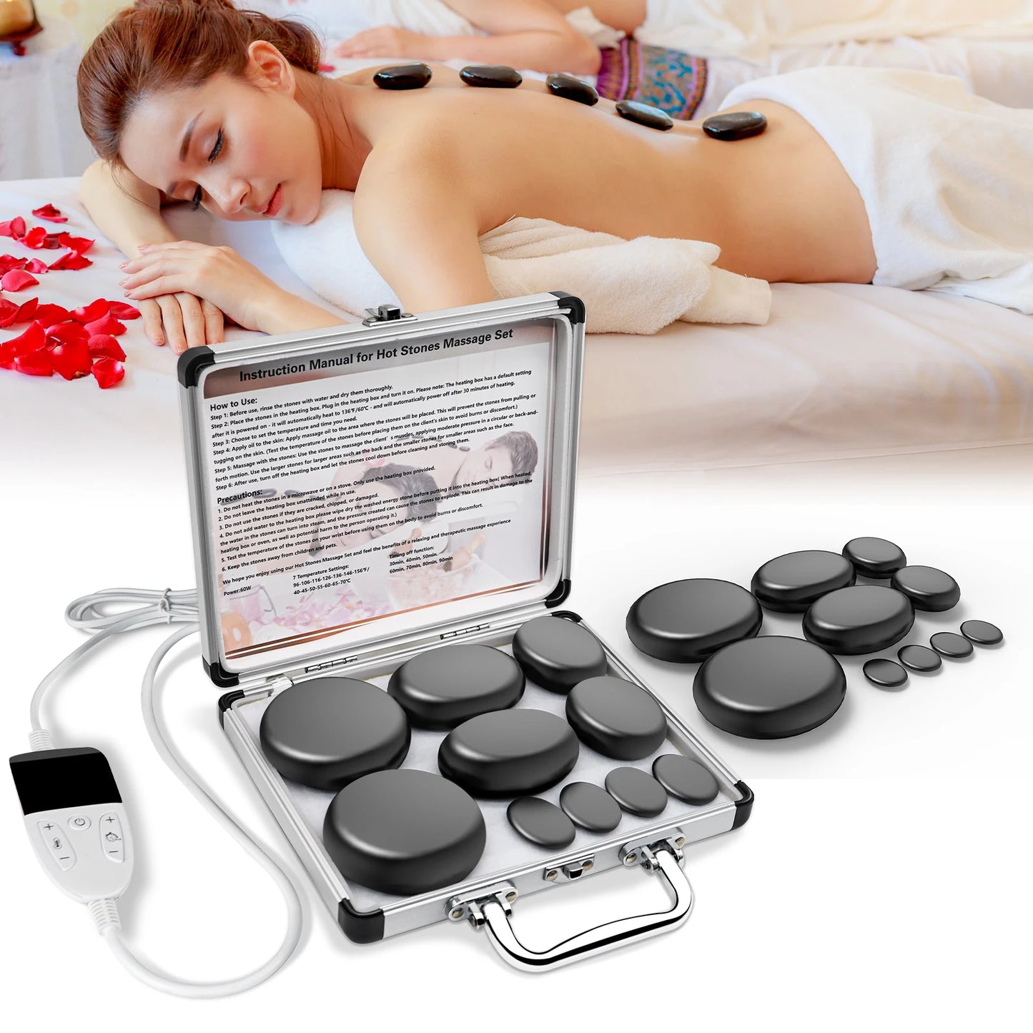 ENSEMBLE DE MASSAGE AUX PIERRES CHAUDES AVEC RÉGLAGE DE LA TEMPÉRATURE - Ensemble de massage aux pierres chaudes avec chauffage, outil de massage professionnel pour spa