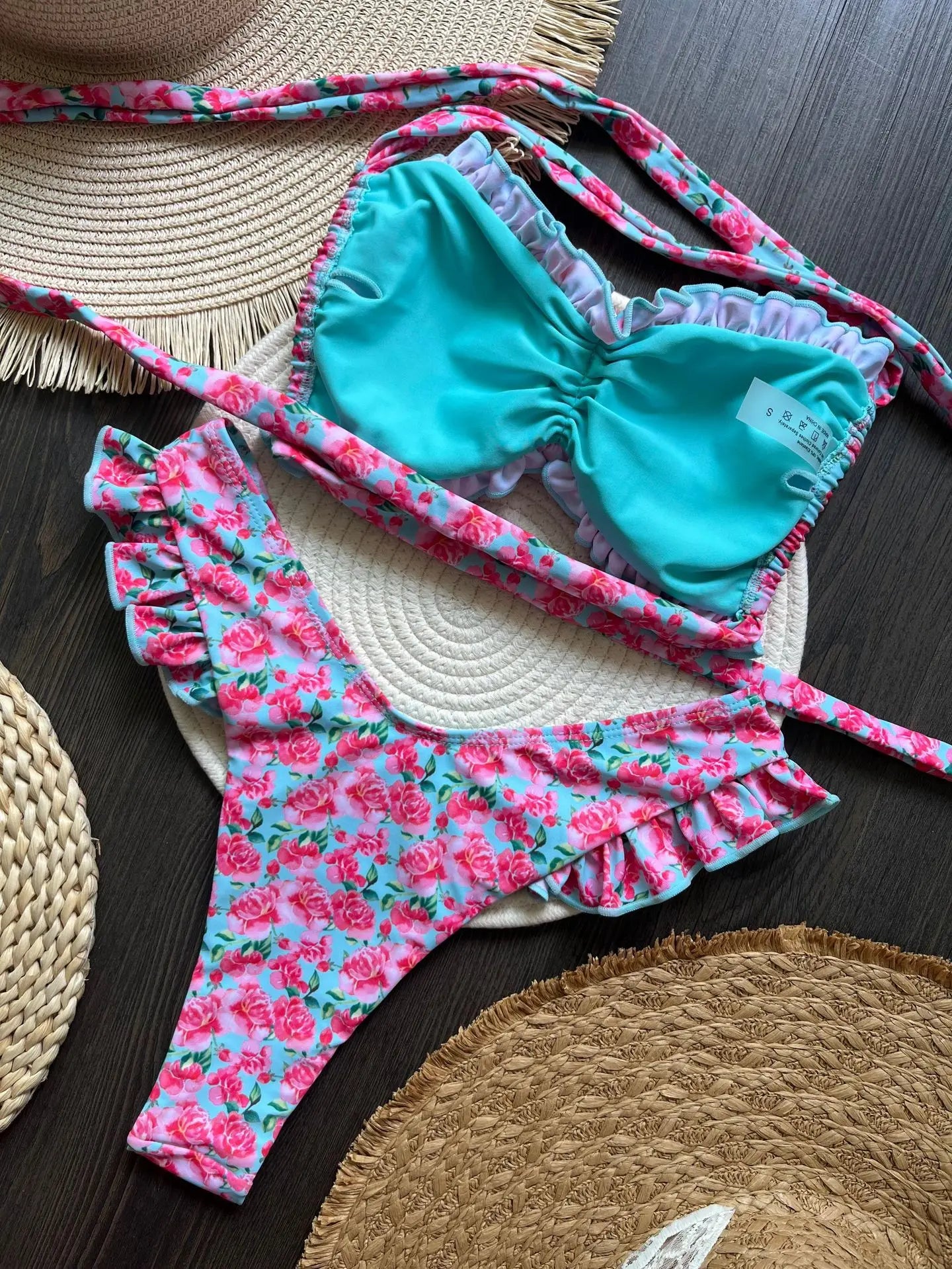 Bikini sexy à imprimé floral et volants pour femme, maillot de bain deux pièces, ensemble bikini, maillot de bain