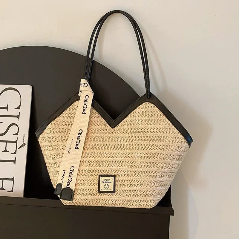 Sac bandoulière grande capacité pour femme, sac à main d'été en paille tressée, sac de plage de luxe, cabas style balinais