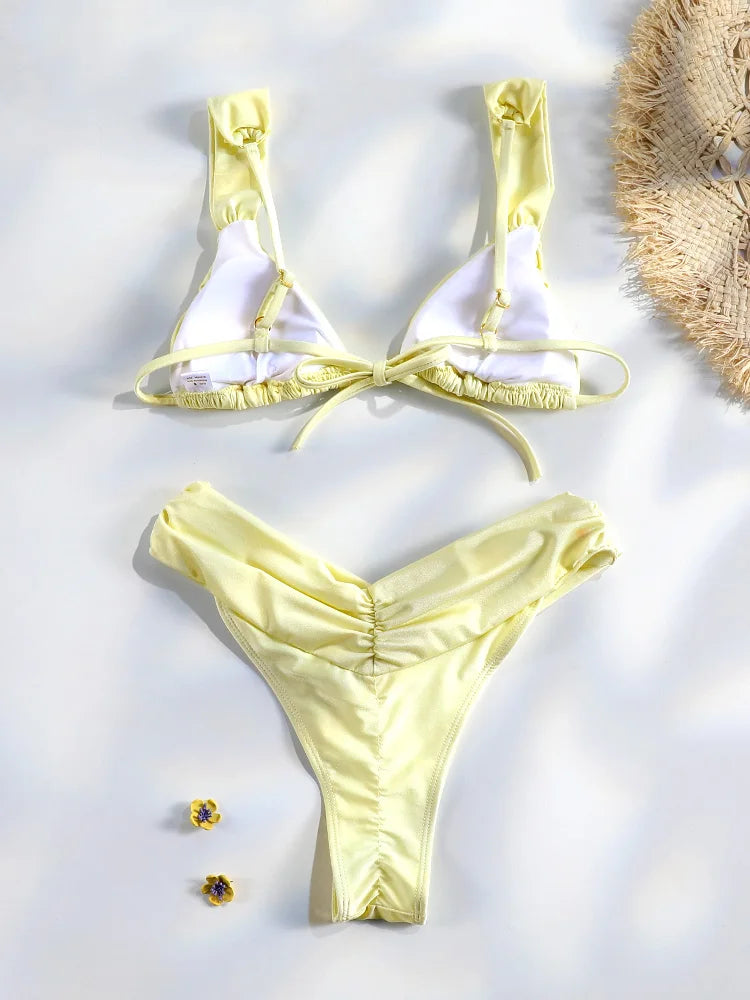 Ensemble bikini sexy à plis, micro bikini uni, maillot de bain femme triangle, tenue de plage