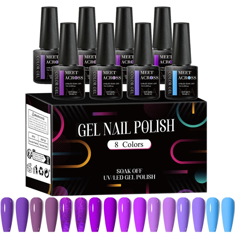MEET ACROSS - Ensemble de 8 vernis à ongles gel fluorescents pour l'été et le printemps, avec paillettes laser colorées et manucure gel.