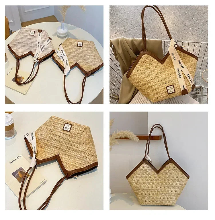 Sac bandoulière grande capacité pour femme, sac à main d'été en paille tressée, sac de plage de luxe, cabas style balinais