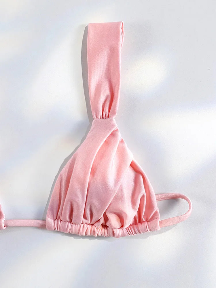 Ensemble bikini sexy à plis, micro bikini uni, maillot de bain femme triangle, tenue de plage