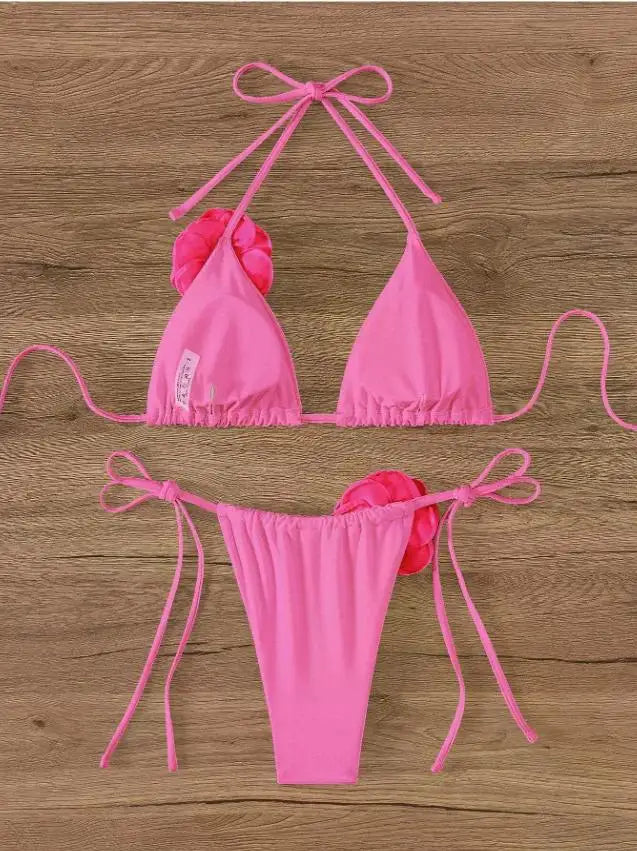 Maillot de bain deux pièces bikini sexy à fleurs 3D, bretelles et dos nu, tailles S à L.