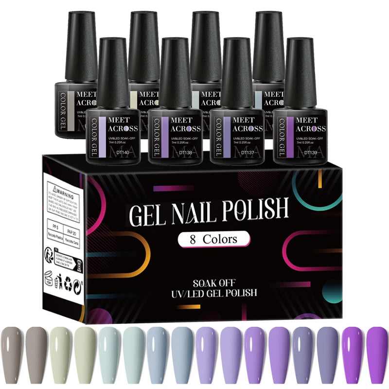 MEET ACROSS - Ensemble de 8 vernis à ongles gel fluorescents pour l'été et le printemps, avec paillettes laser colorées et manucure gel.