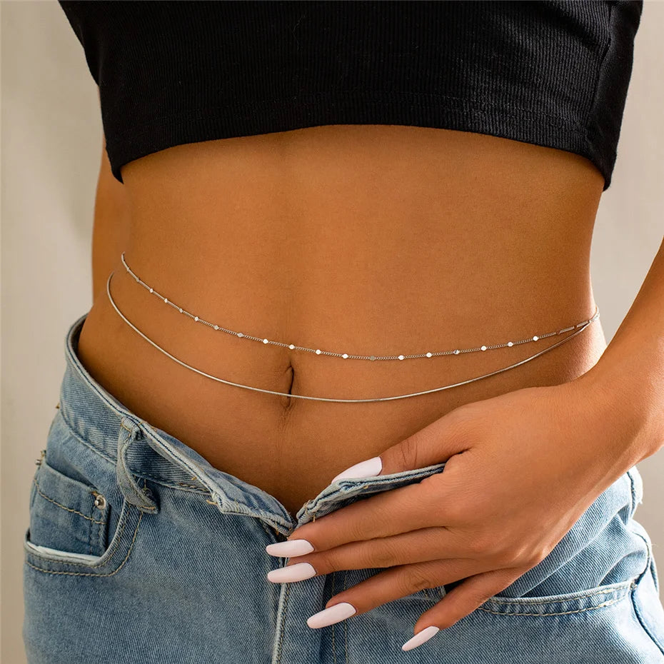 Esemble 2 pièces: ceinture de taille style bohème simple, chaîne serpent lisse, lingerie sexy pour femme, bijoux de nombril et de corps en strass, accessoires de bikini d'été