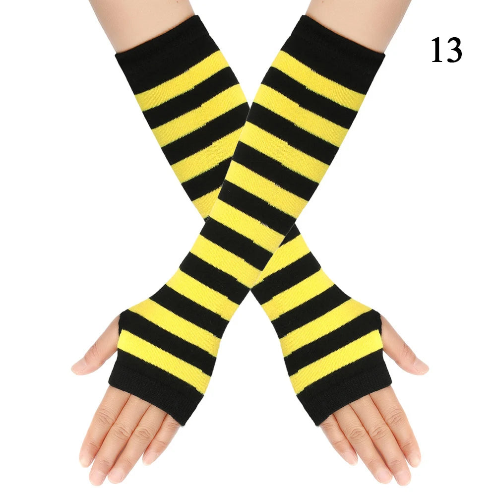 Gants chauds rayés en maille pour femmes et filles, mitaines sans doigts couvrant les coudes, couvrant les bras et les coudes.