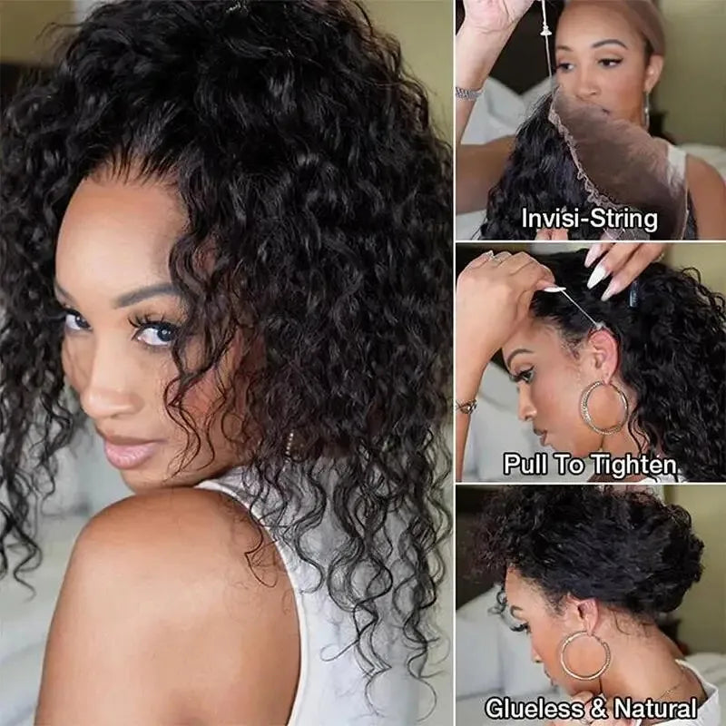 Perruque bouclée en dentelle frontale 360 Full HD, densité 220, cheveux humains noirs, cordon de serrage, 76 à 102 cm (30 à 40 pouces), ondulations profondes, sans colle