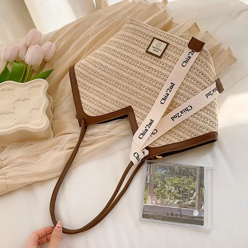 Sac bandoulière grande capacité pour femme, sac à main d'été en paille tressée, sac de plage de luxe, cabas style balinais