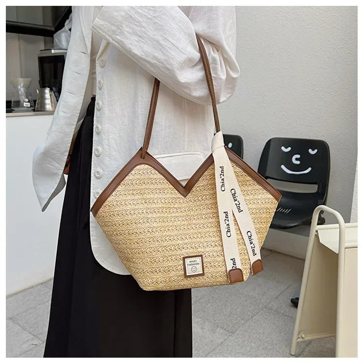 Sac bandoulière grande capacité pour femme, sac à main d'été en paille tressée, sac de plage de luxe, cabas style balinais