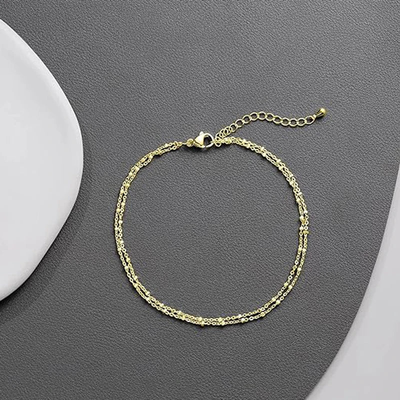 Bracelets de cheville étanches pour femmes, plaqués or 14 carats et argent, à plusieurs rangs de perles, bijoux d'été pour femmes et filles