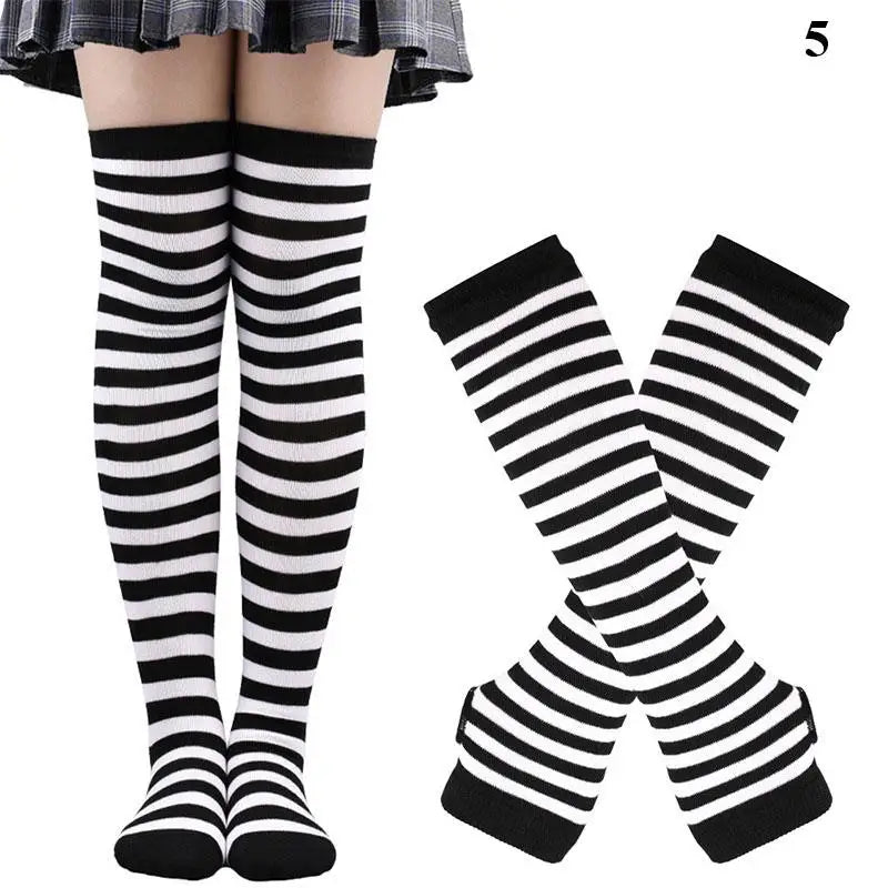 Chaussettes hautes rayées noires et blanches, chaussettes montantes sexy et fines en coton, chaussettes de cosplay