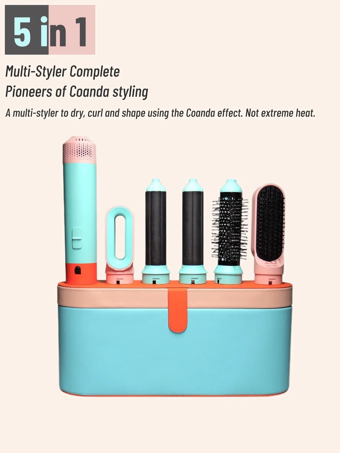 Sèche-cheveux multifonction 5 en 1 au design innovant, avec fer à boucler, brosse à air chaud et styler intégré.