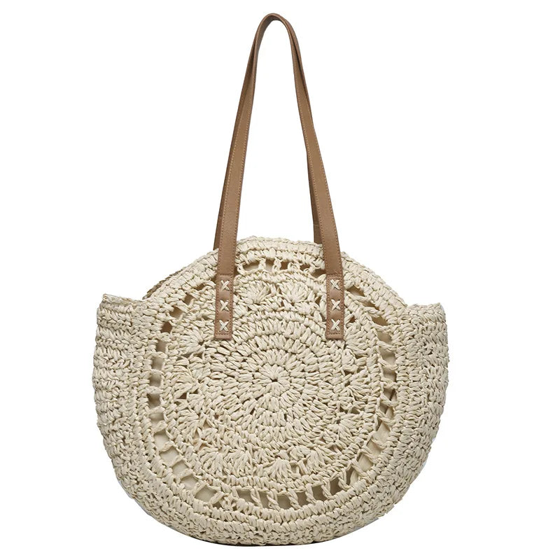 Sac cabas rond d'été en paille tressée pour femme, grande capacité, ajouré, style simple.