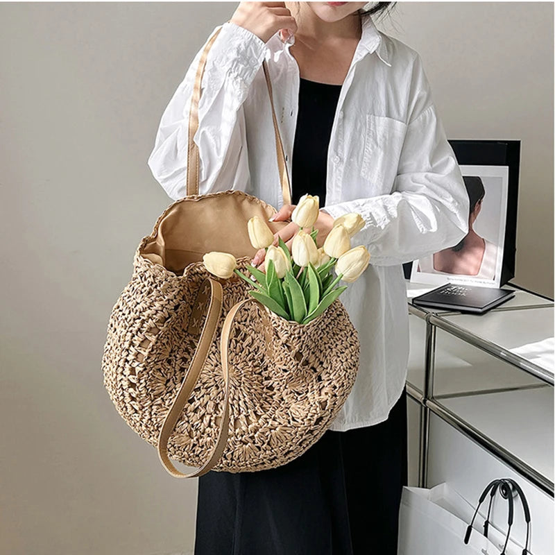 Sac cabas rond d'été en paille tressée pour femme, grande capacité, ajouré, style simple.