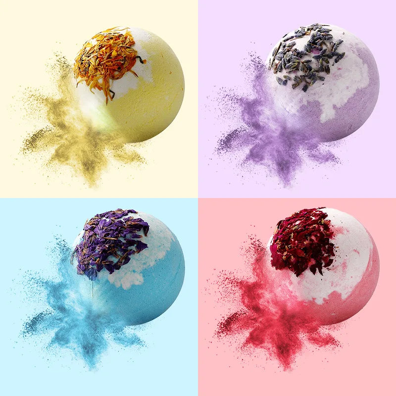 17 styles de boules de bain et de sels de douche aux fleurs séchées pour soulager les tensions, aux huiles essentielles naturelles et à bulles rebondissantes.
