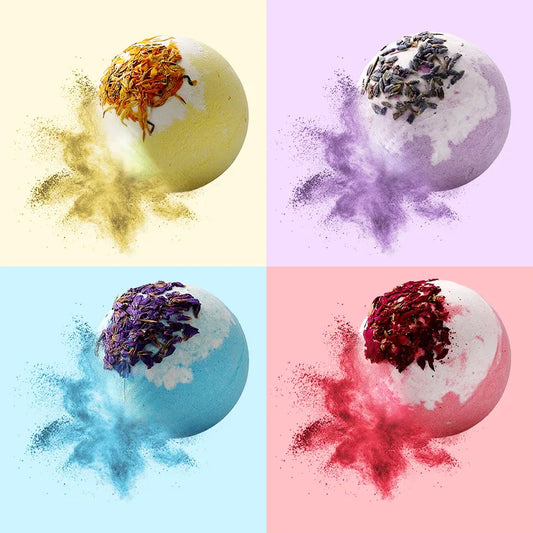17 styles de boules de bain et de sels de douche aux fleurs séchées pour soulager les tensions, aux huiles essentielles naturelles et à bulles rebondissantes.