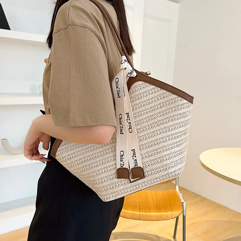 Sac bandoulière grande capacité pour femme, sac à main d'été en paille tressée, sac de plage de luxe, cabas style balinais